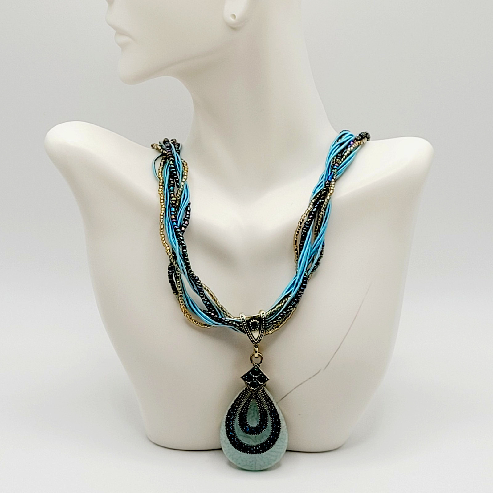 Modern Braided Multi Strand Peacock Colors Crystal Faux Stone Pendant Necklace