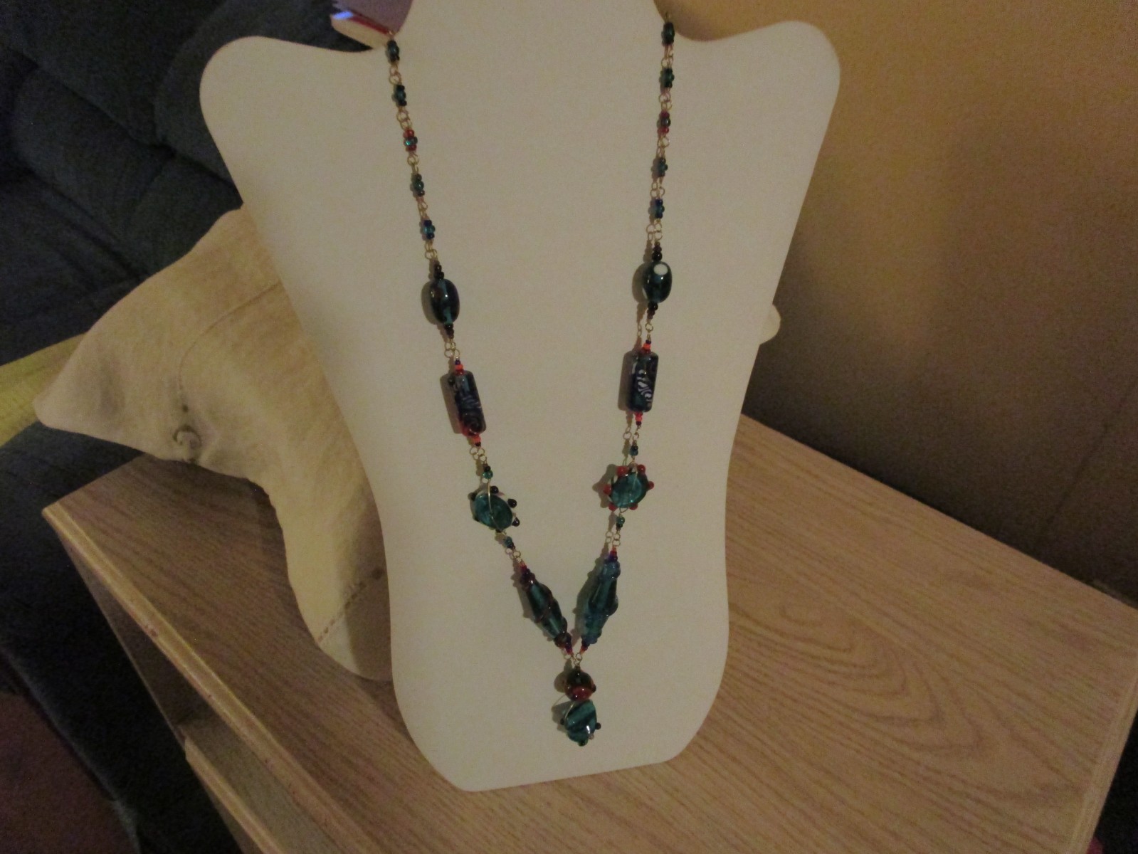 Glass necklace artisan beads, maybe Christmas, red, blue, green Unique AU26-21