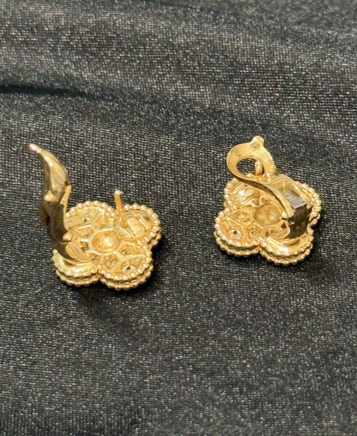 Van Cleef & Arpels Signed Yellow Gold Clover Clip-On Crystal Earrings pave