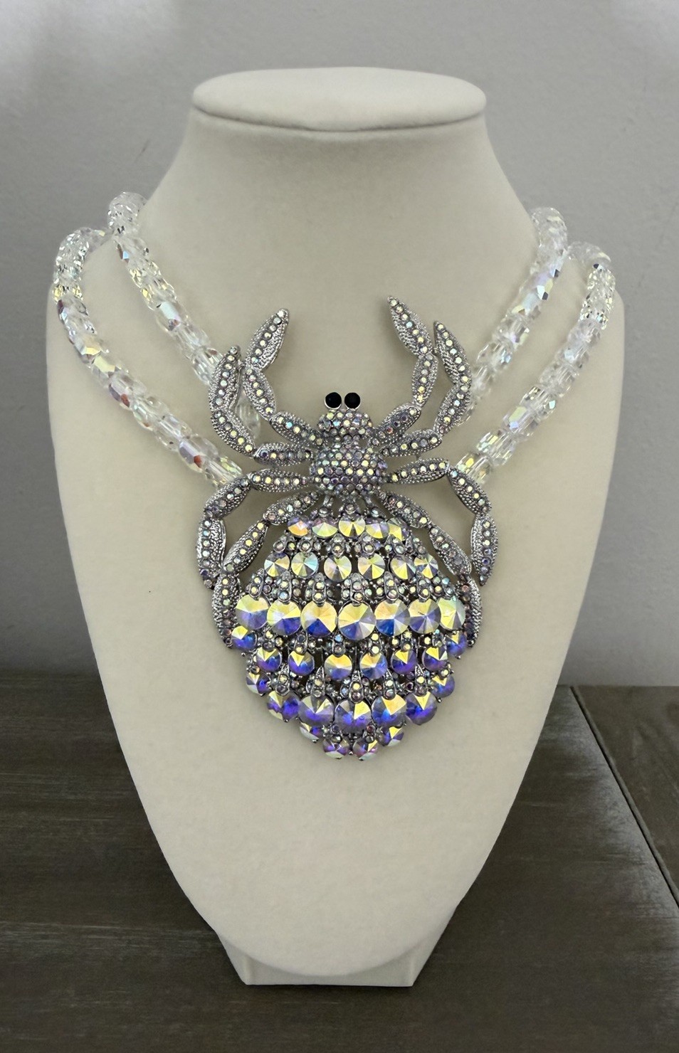 Eye Candy Iridescent Crystal Spider Statement Necklace Double Strand Beaded