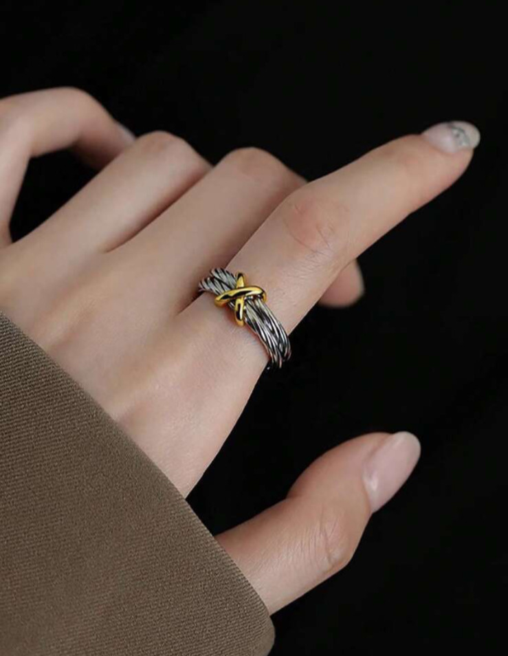 Contemporary Stainless Steel Cable Ring Gold Crisscross Accent