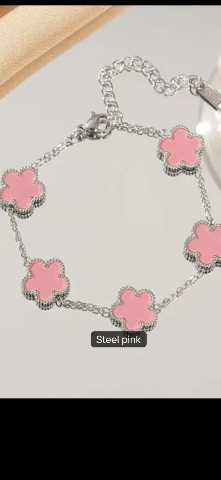 Silver Tone Stainless Steel Cable Chain Bracelet Pink Clover Charm Lobster