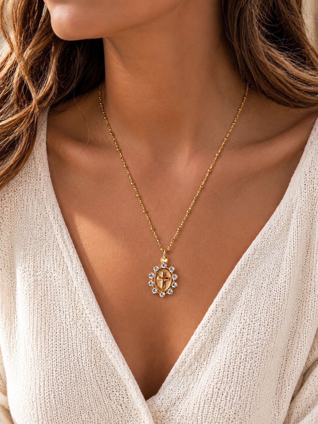 Gold Tone Cross Pendant Necklace Rhinestone Halo Oval Medallion Beaded Chain 18″