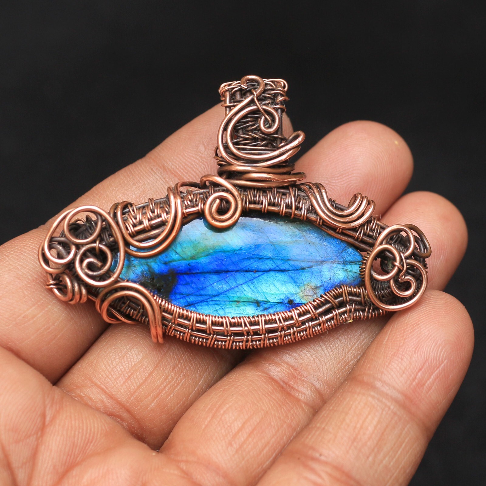 Blue Fire Labradorite Gemstone Eye Design Copper Wire Wrap Pendant Jewelry N35