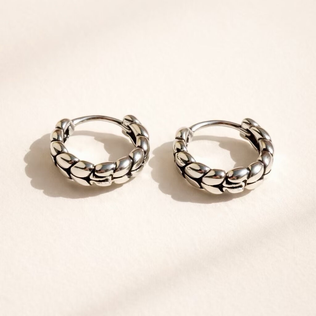 925 Sterling Silver Chunky Hoop Earrings,Textured Huggie Earrings for women 146