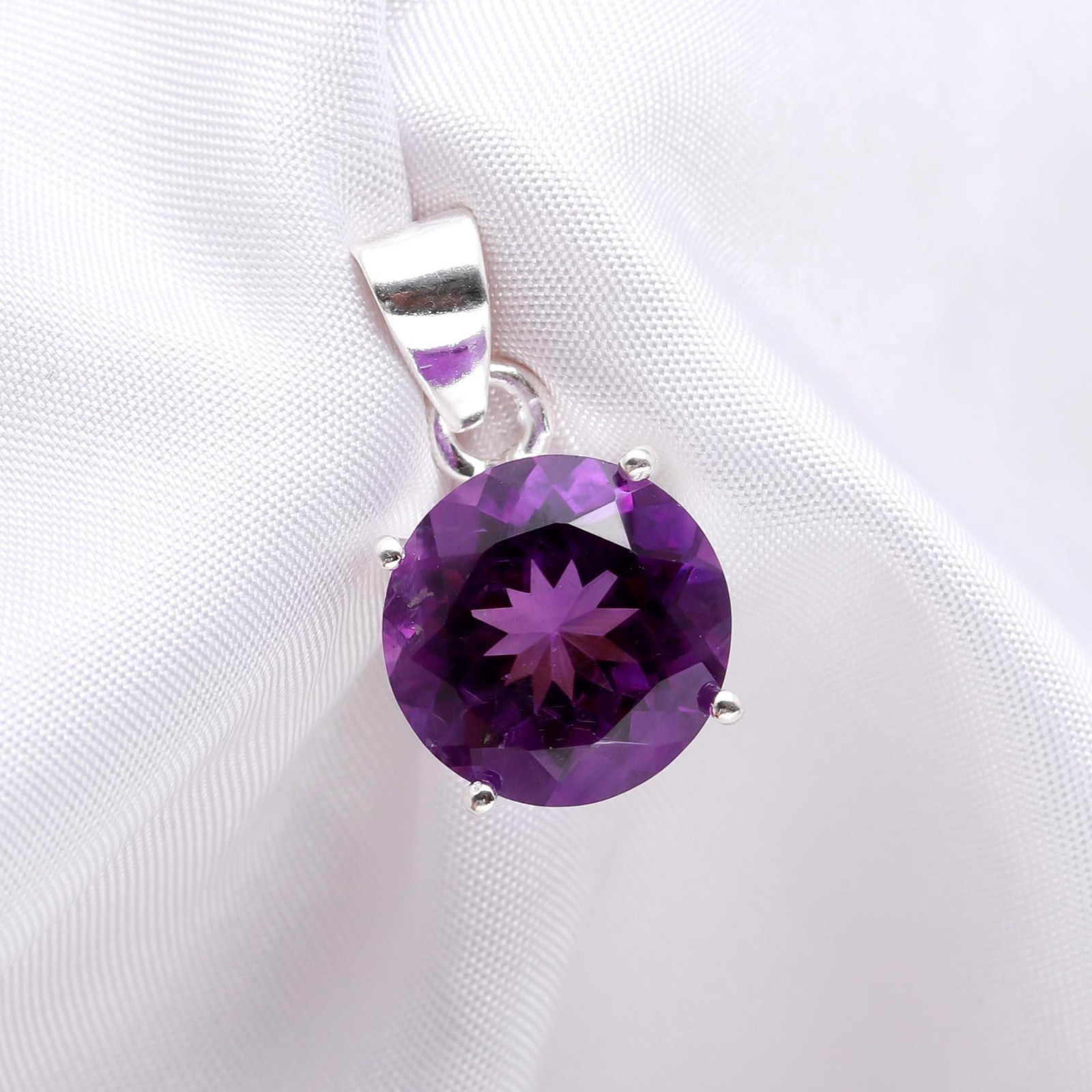 100%Natural Purple Amethyst Round Pendant 925 Sterling Silver Minimalist Jewelry