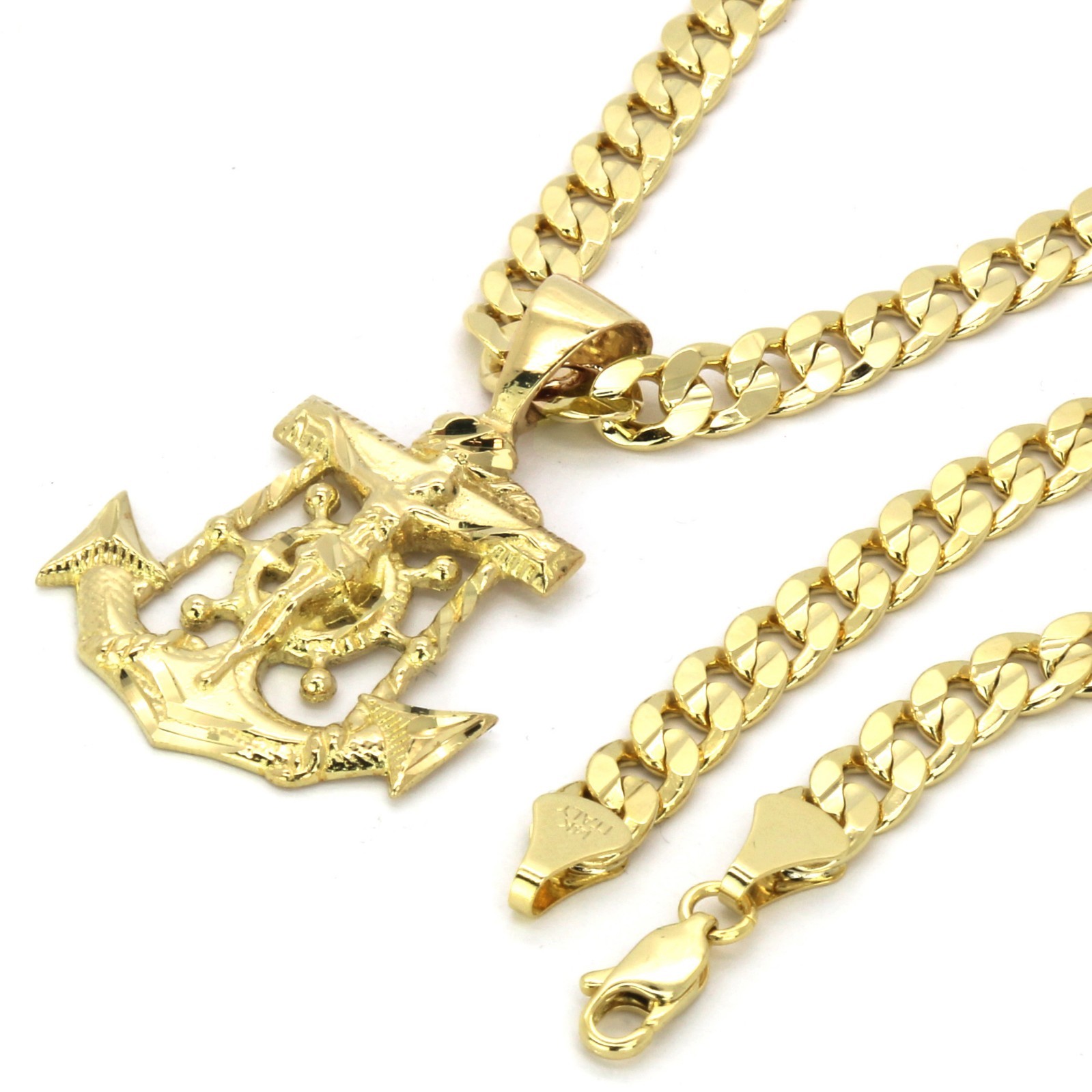 Mens 14k Gold Plated Jesus Anchor Pendant 6mm 24″ inches Cuban Necklace Chain