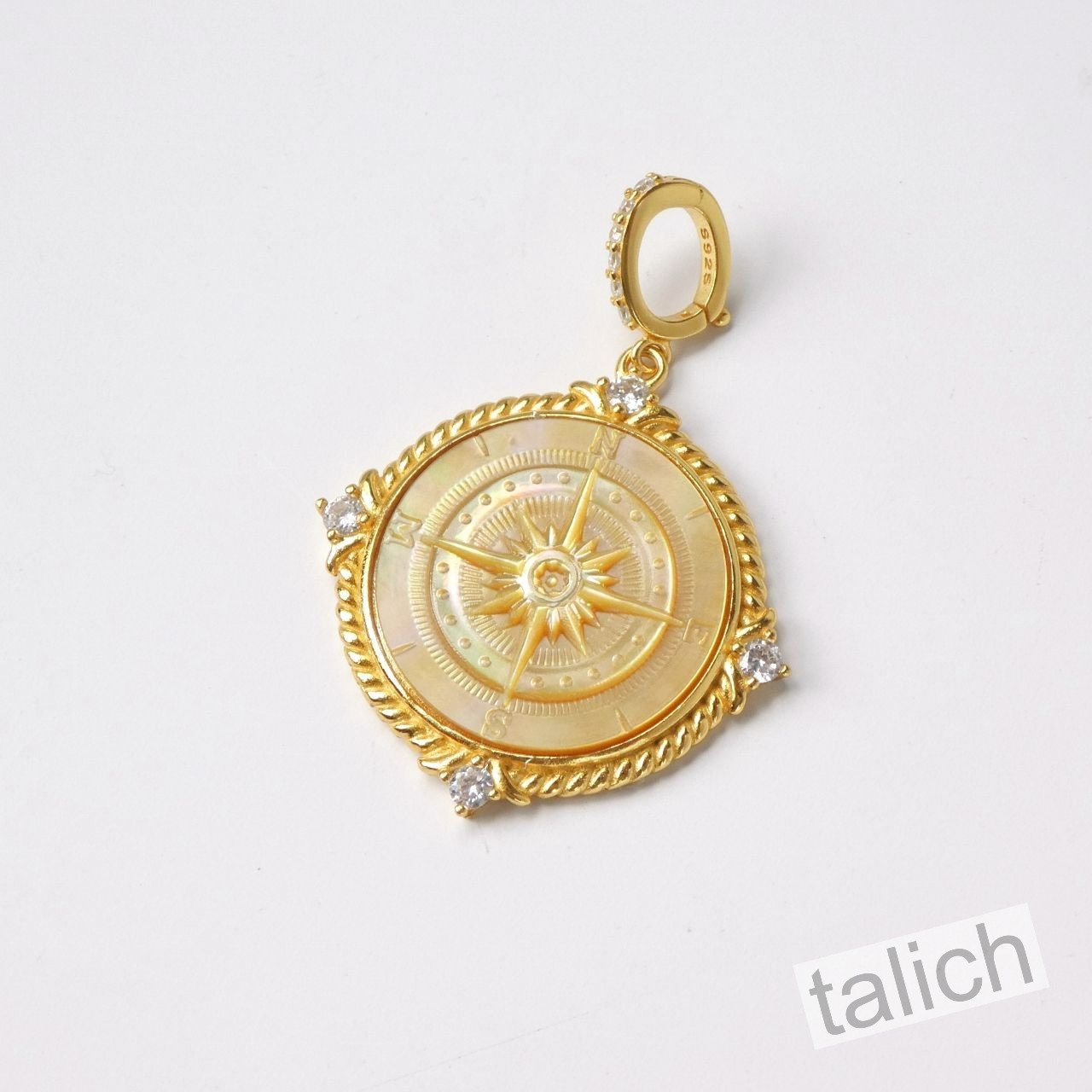 18K Gold Plated Sterling Silver MOP Compass Rose Cameo Pendant North Star Gift