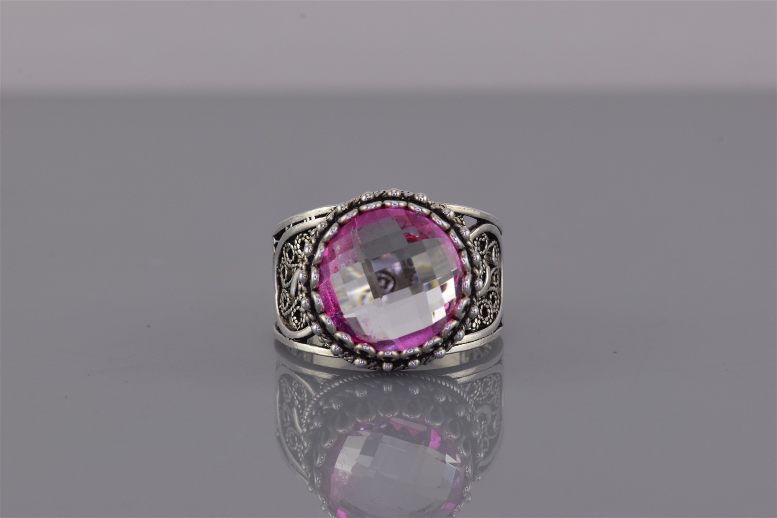DGS Unique Sterling Silver Faceted Pink Amethyst Filigree Band Ring 925 Sz: 7