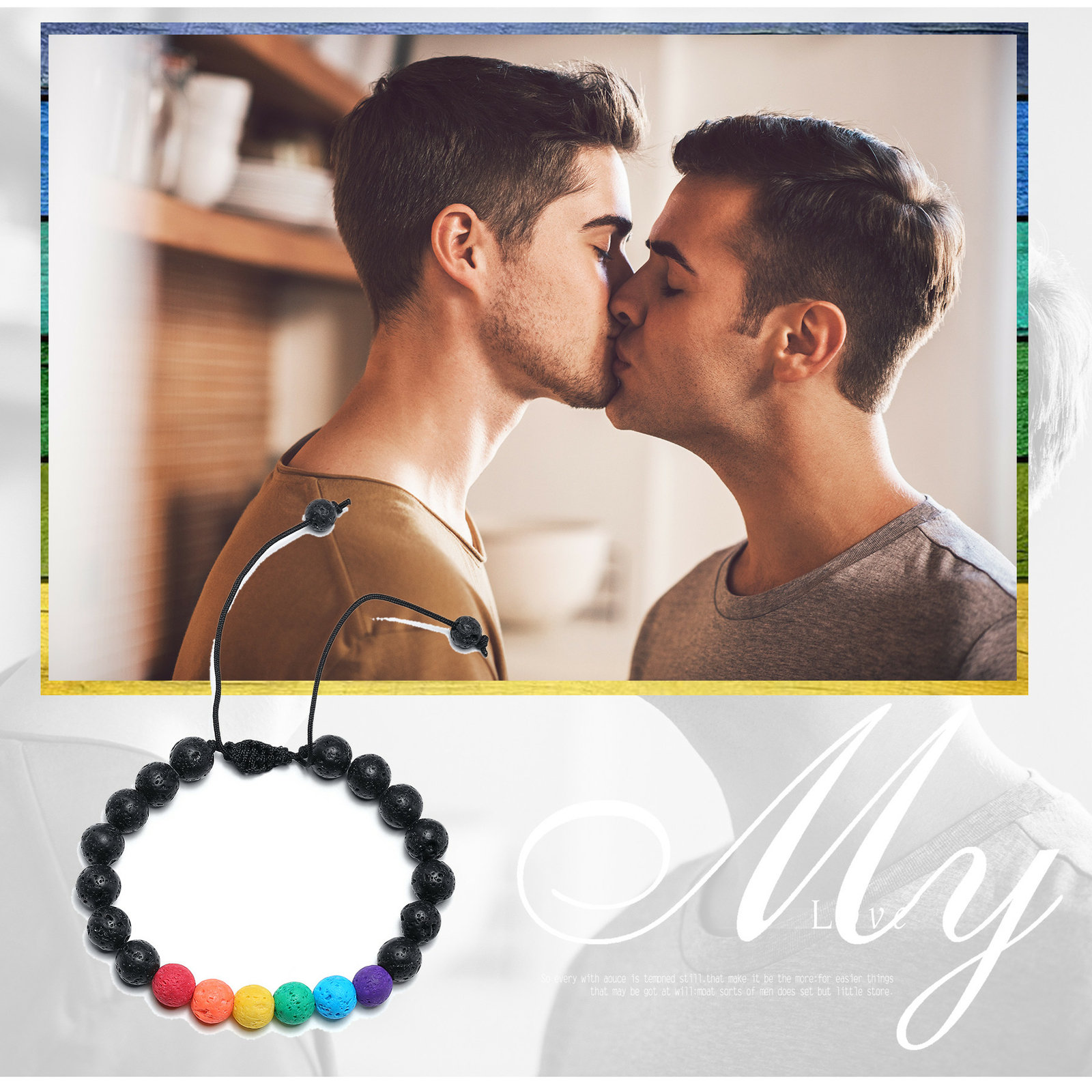 Rainbow LGBT Volcanic Rock Yoga Beads Bracelet Lesbian Gay Adjustable Chain Cuff
