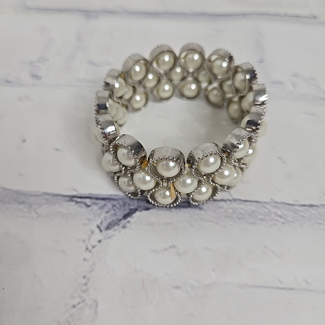 Faux Pearl Bracelet Silver 3 Strand Stretchy Wedding Formal Casual Jewelry New
