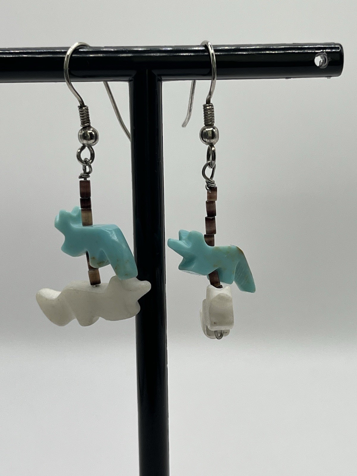Native American Drop Hook Earrings Turquoise & White Multicolor Animals