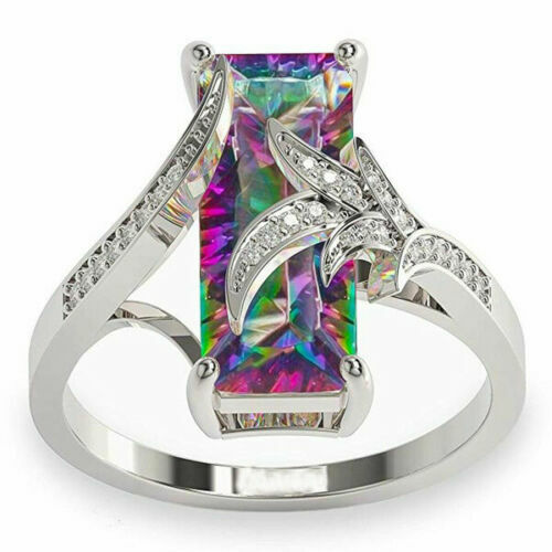925 Sterling Silver Rainbow Mystical Fire Topaz Wedding Engagement Ring Size 9