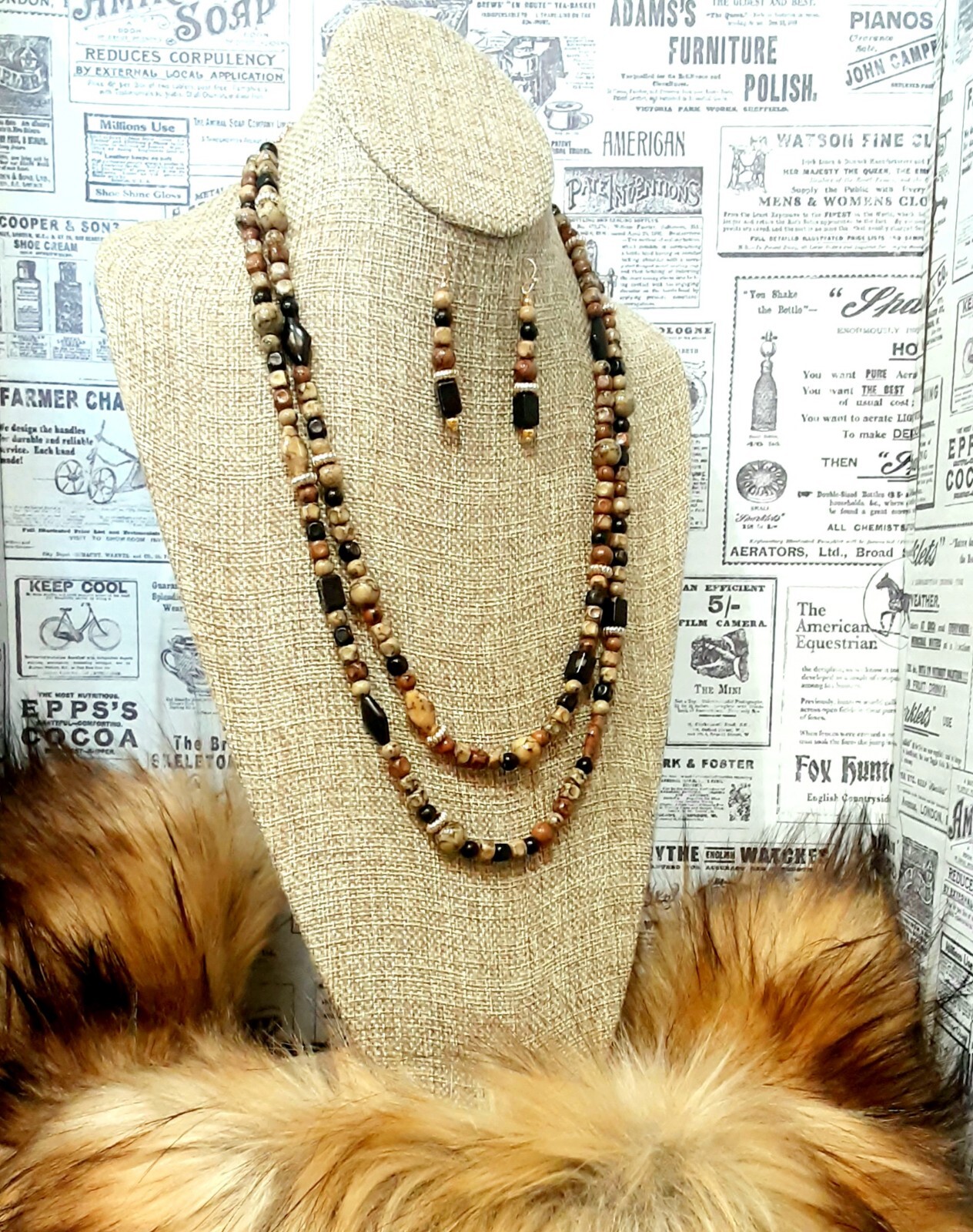 STELLA and DOT 🧿 Stunning 2 Strand Brown Tones 11″L Necklace + 2″L Earrings Ap5