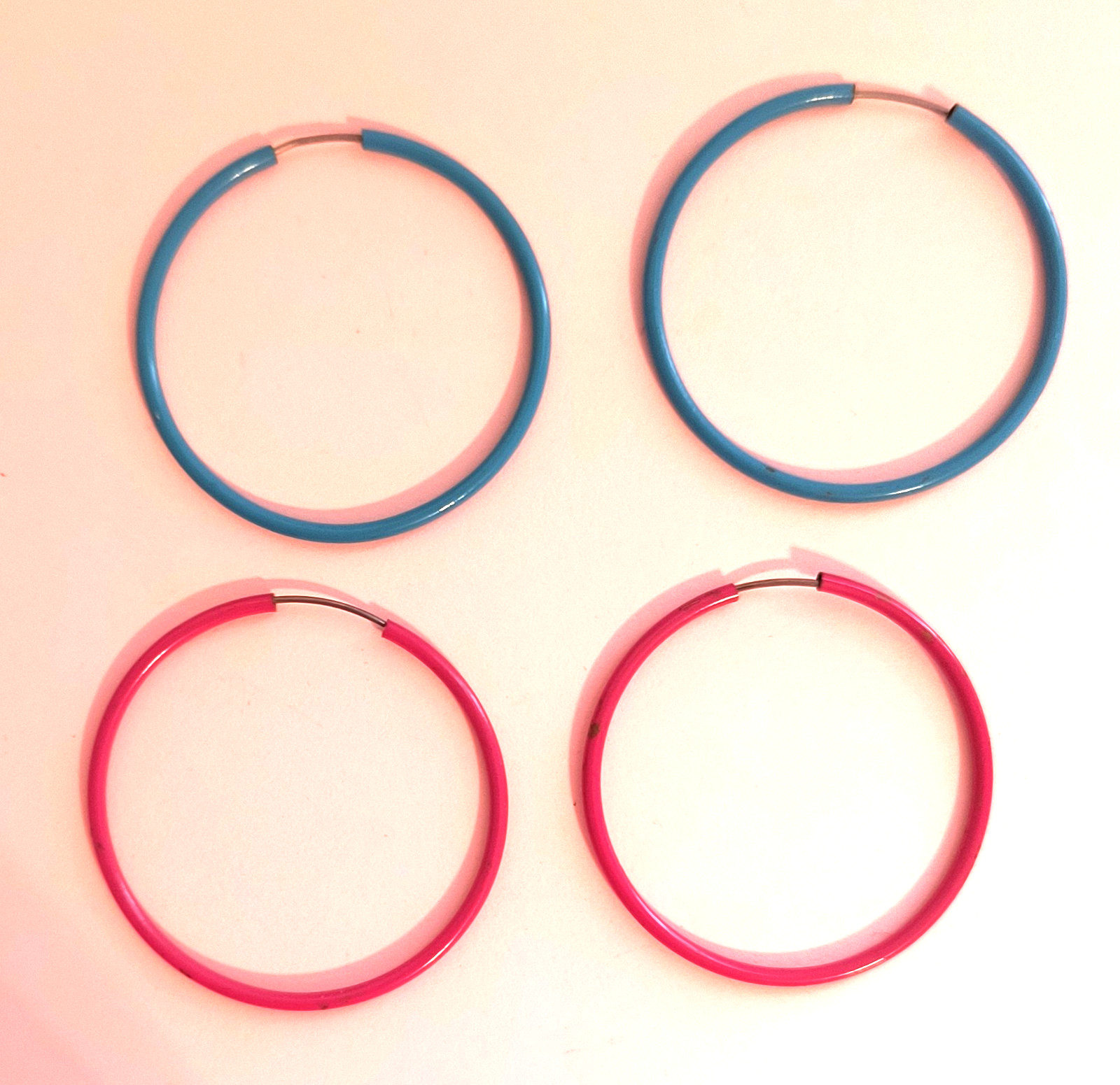 2 Pairs Hoop Metal Earrings for Pierced Ears Aqua Dark Pink 1 3/4 Inches