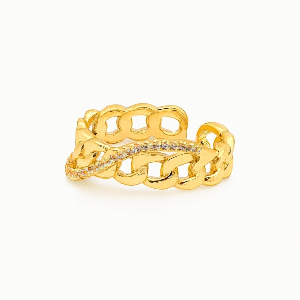 Adjustable Gold Chain Wave Ring Stainless Steel Open Band CZ Zircon Jewelry Gift