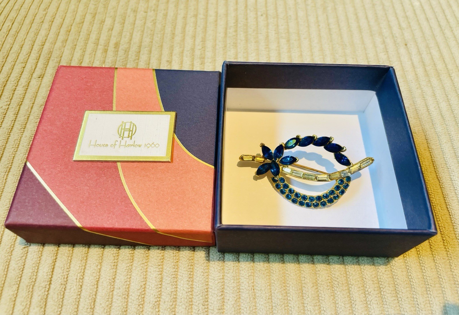 House of Harlow 1960 Blue Crystal Rhinestone Crescent Brooch