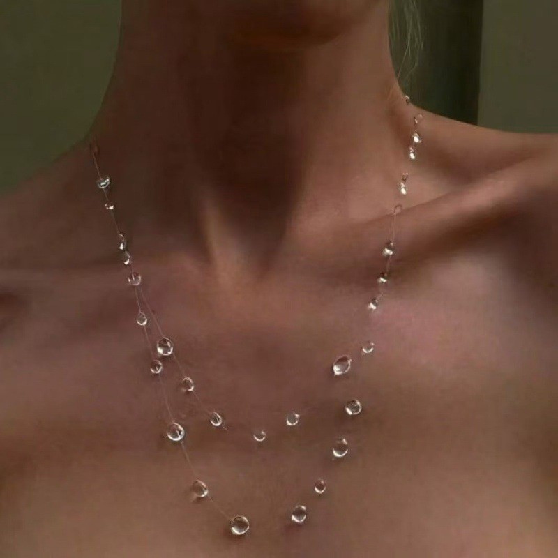 Clear Dew Drop Necklace Simple Lariat Chain Minimalist Glass Pendant Choker