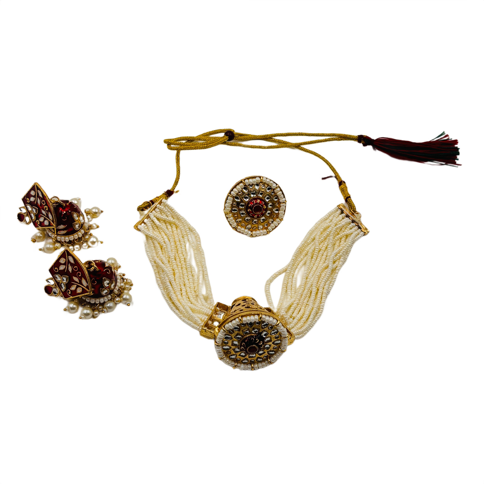 Kundan Pearl Necklace Set with Jhumka Earrings and Ring Indian Traditional Jewel