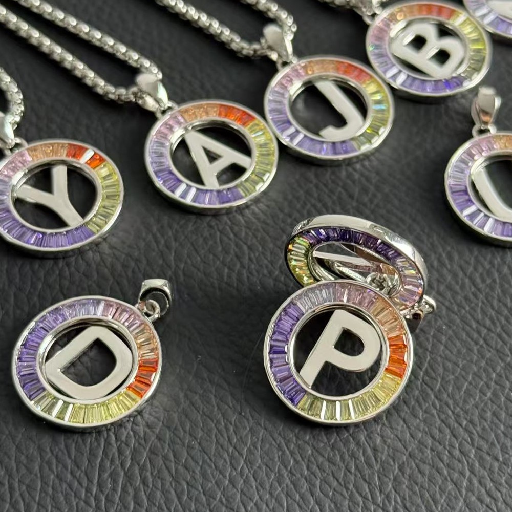 Initial Letter A-Z Necklace 24“ Chain CZ Cubic Zirconia Stone 925 Silver Pendant