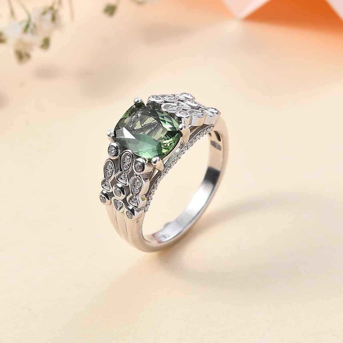 2.50ctw Tanzanian Green Apatite & Moissanite Ring Rhodium Plate Size 7