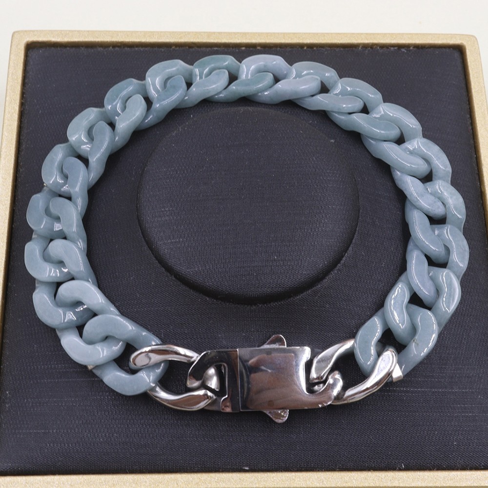 Real Grade A Natural Blue Jade Jadeite Cuban Curb Link Bracelet 5.9-8.3inch