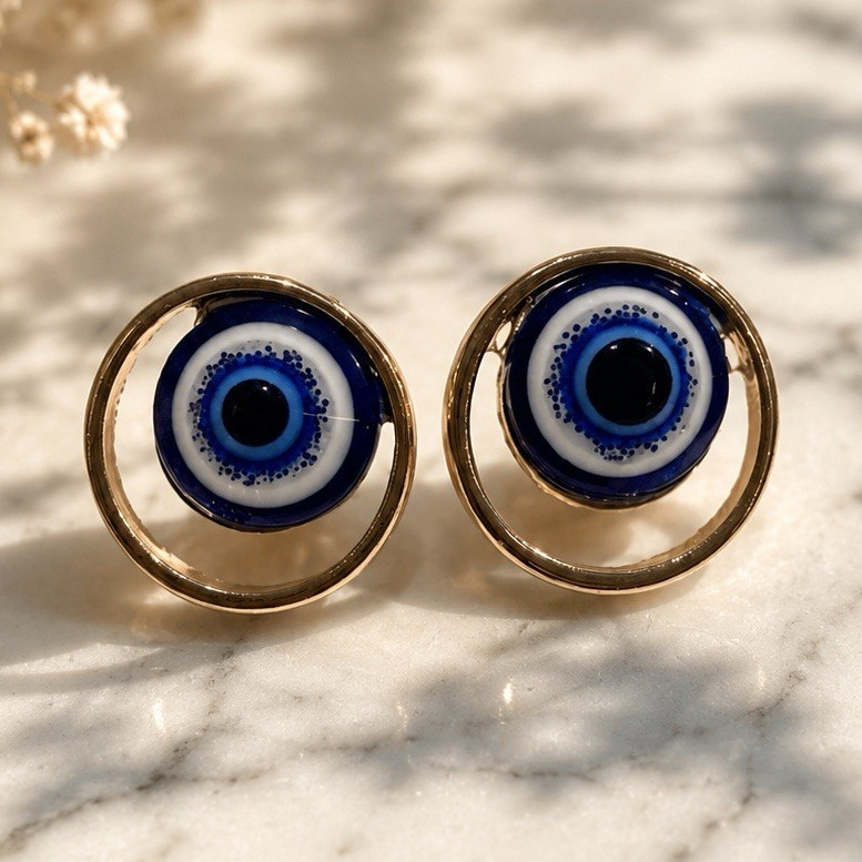 Evil Eye Round Stud Earrings Metal Butterfly Closure Lobe Style