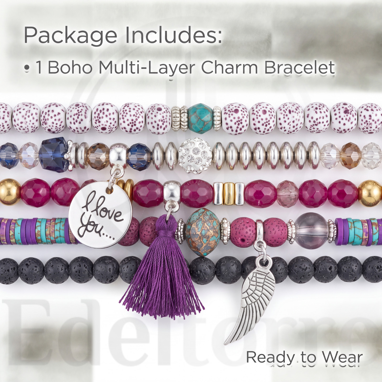 2 Pack Boho Multi-Layer Charm Bracelet Beaded Tassel Wing Women Stackable Set