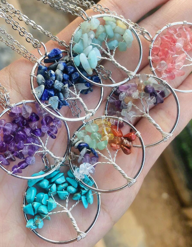Tree of Life Chakra Healing Crystal Natural Gemstone Pendant Necklace – 12″