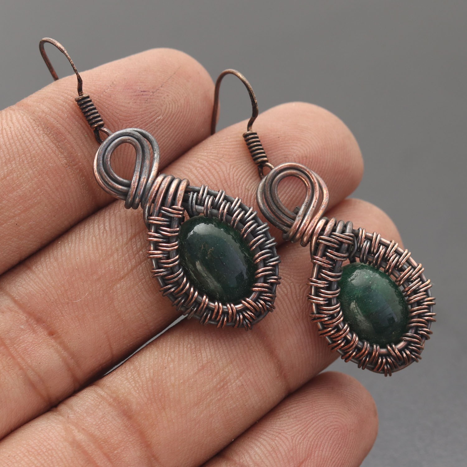 Green Zade Gemstone Copper Wire Wrapped Handmade Earring Jewelry Gift For Wife