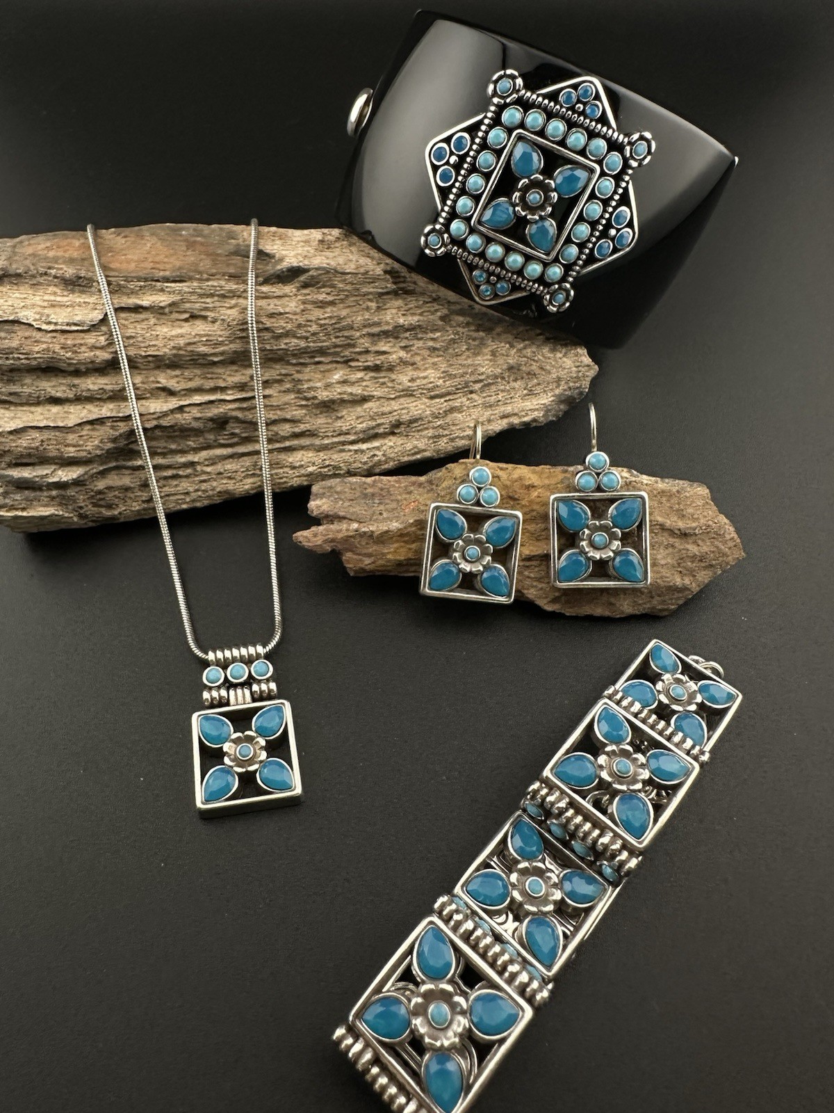 Brighton NEPAL Black Cuff Bangle, Link Bracelet, Necklace and Earrings Set