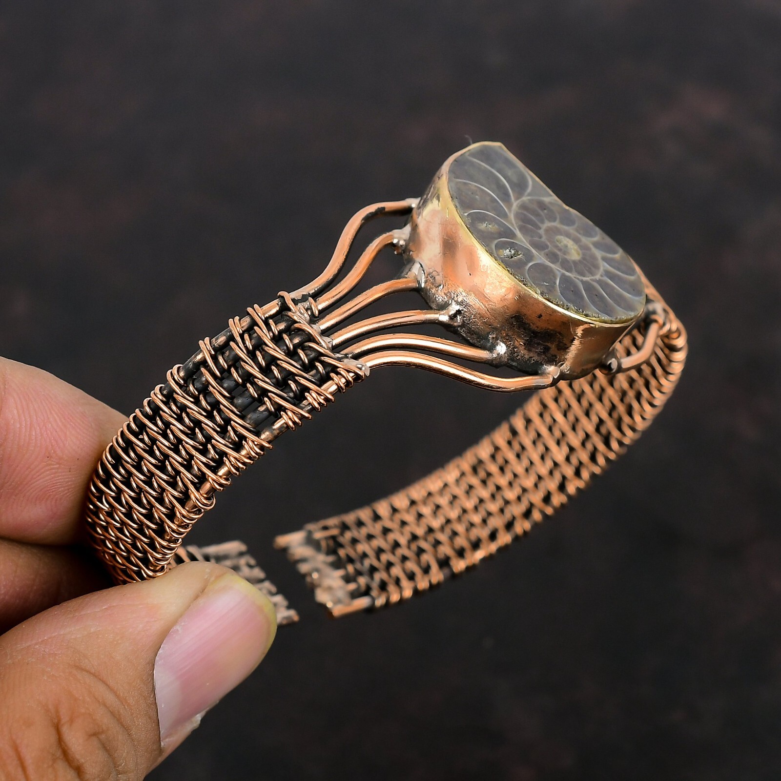 Ammonite Fossil Wire Wrapped Adjustable Bangle Handcrafted Copper Holiday