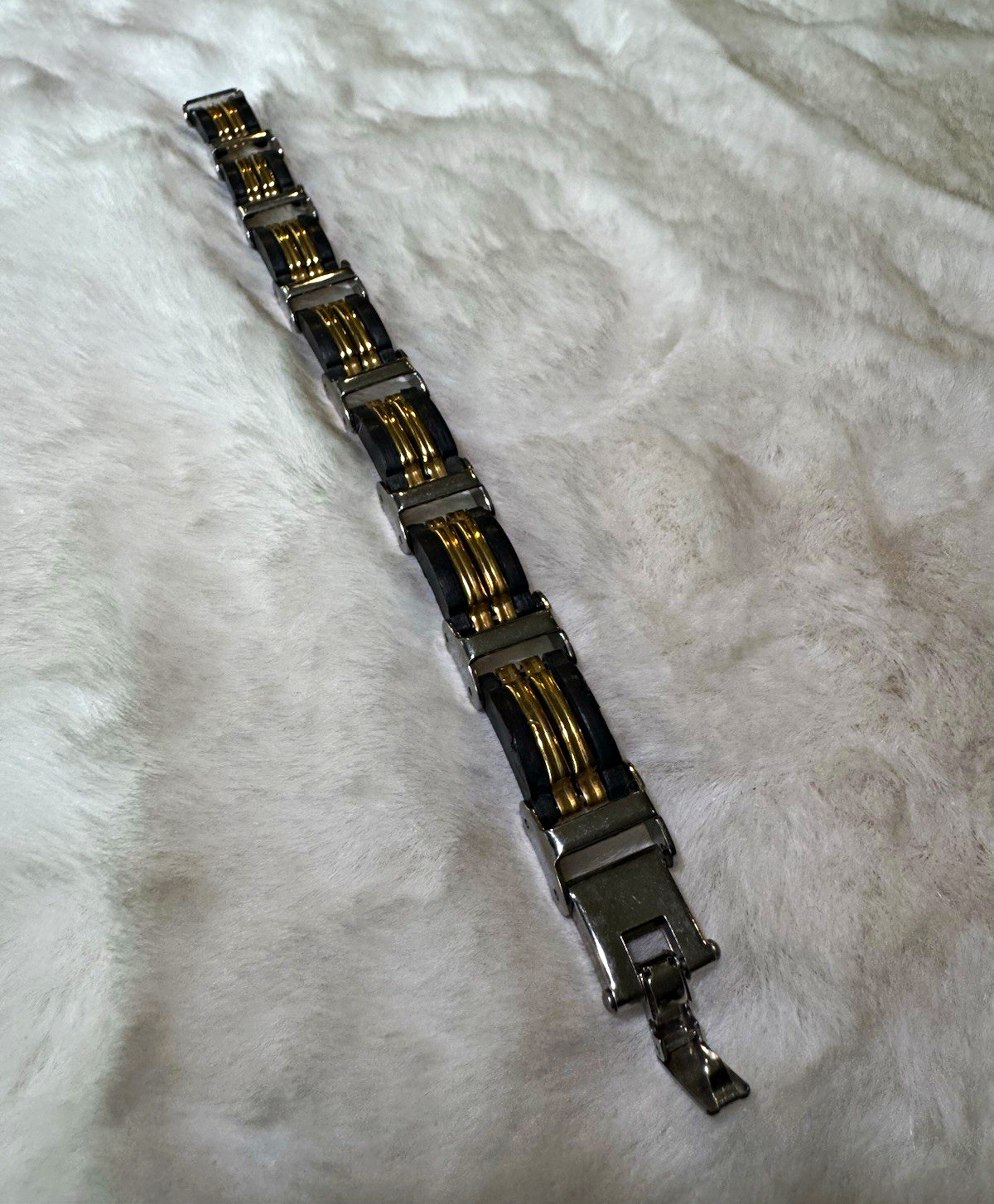 Silver Gold Black Stainless Steel Link Chain Bracelet 7.75 in Fold Over Clasp