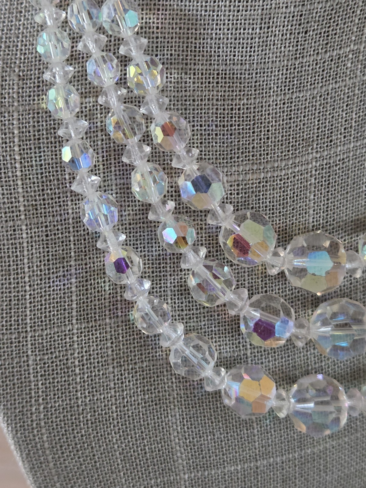 Vtg Multi Strand Aurora Borealis Necklace Faceted 15 In Crystal Flower Clasp AB