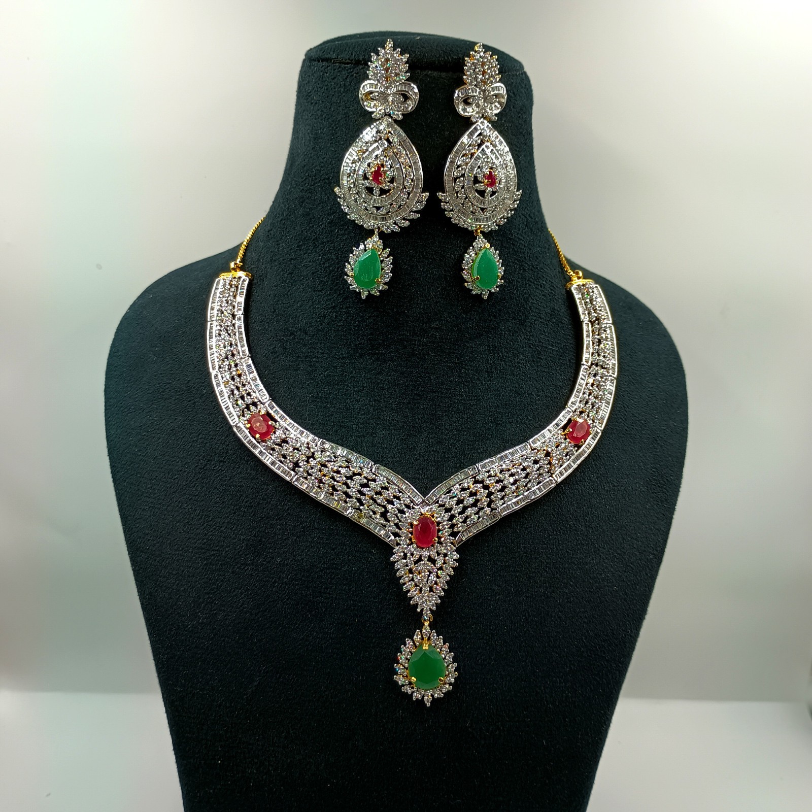 Traditional Emerald Ruby CZ Diamond Choker Necklace Set 22k Gold Plated