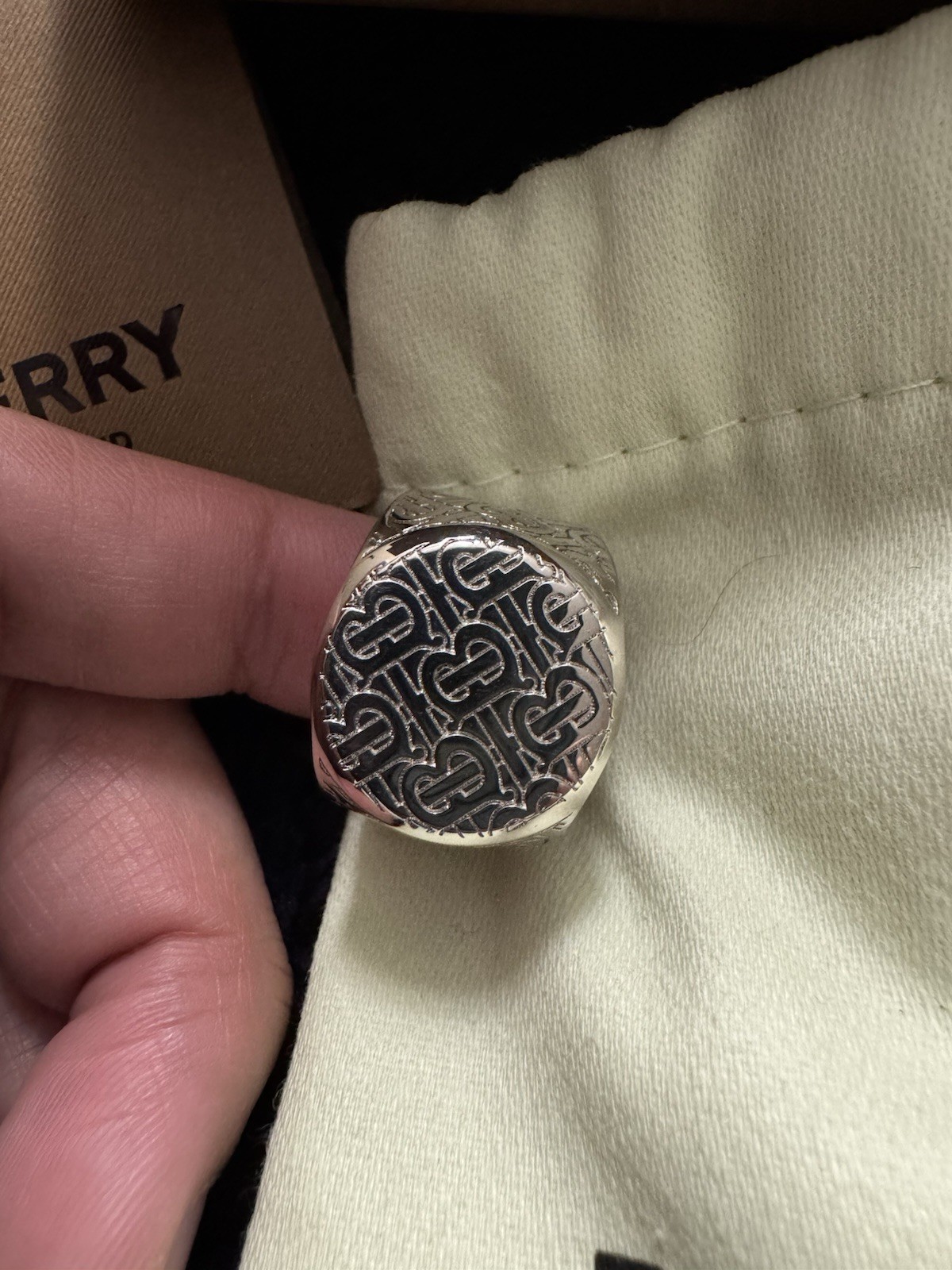 Burberry – Monogrammed Palladium-Plated Signet Ring – Silver Size 58