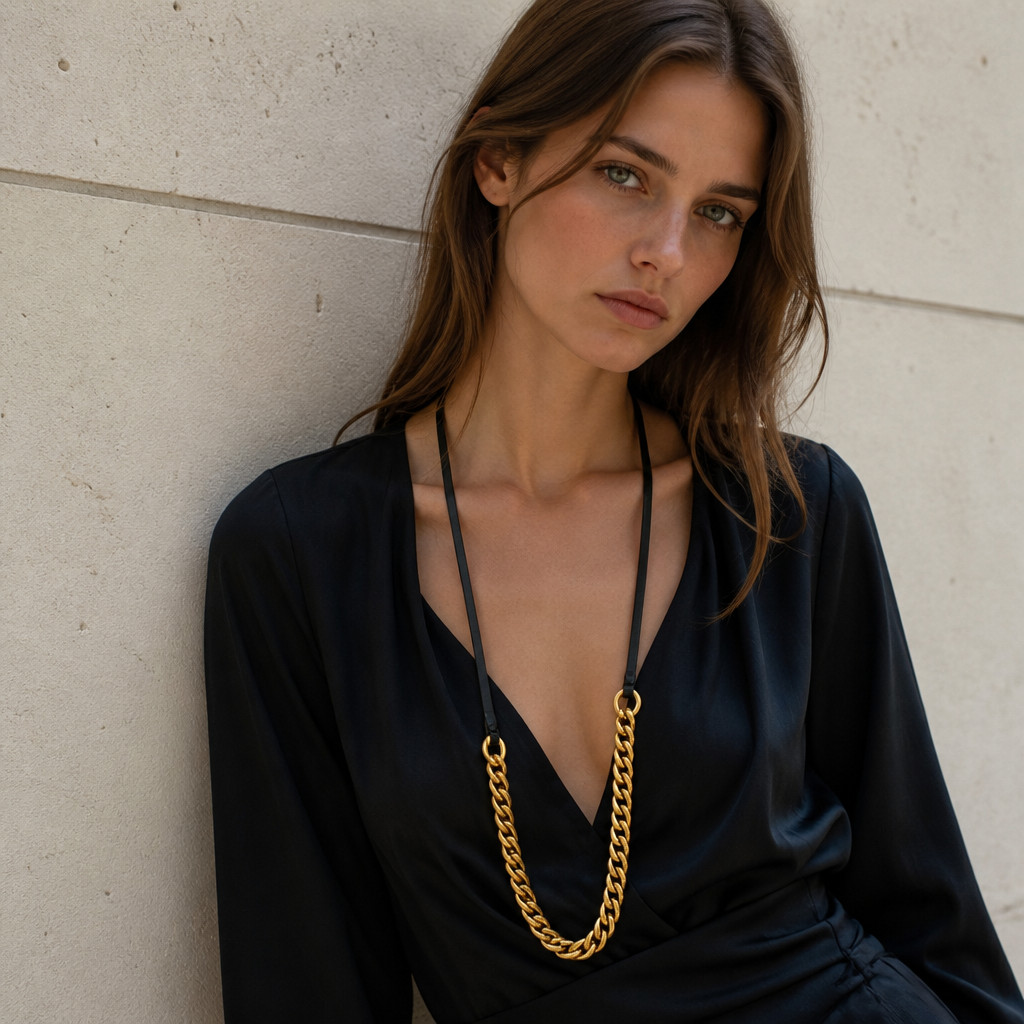 MIU MIU Gold Metal Chain & Calfskin Leather Necklace Made in Italy $1,250 EUC