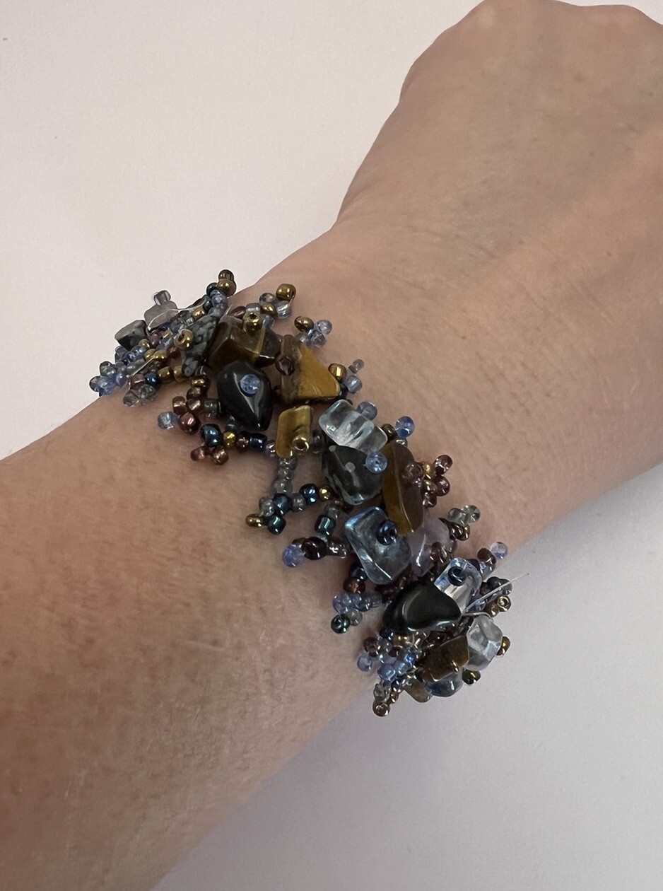 Lot of 2 Artisan Made Beaded Bracelets Black Blue Brown Silver Colors
