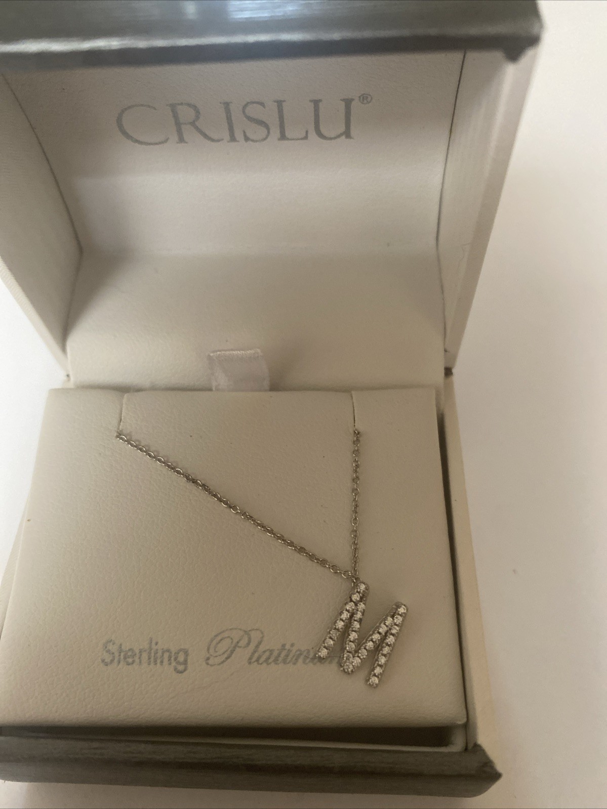 Crislu – Sterling Silver & Platinum Rhinestone Necklace – Initial M – NIB