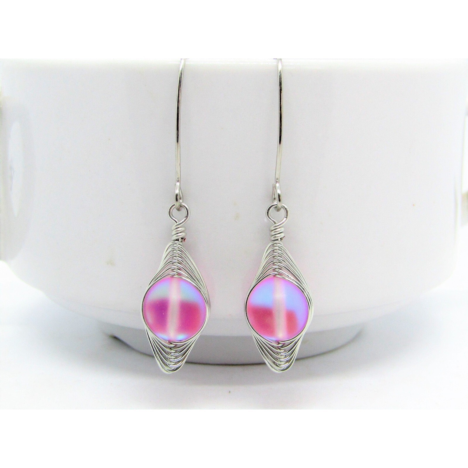 Pink “Mermaid Glass” Sea Glass Artisan Silver Earrings, Handmade Ladies Fashion