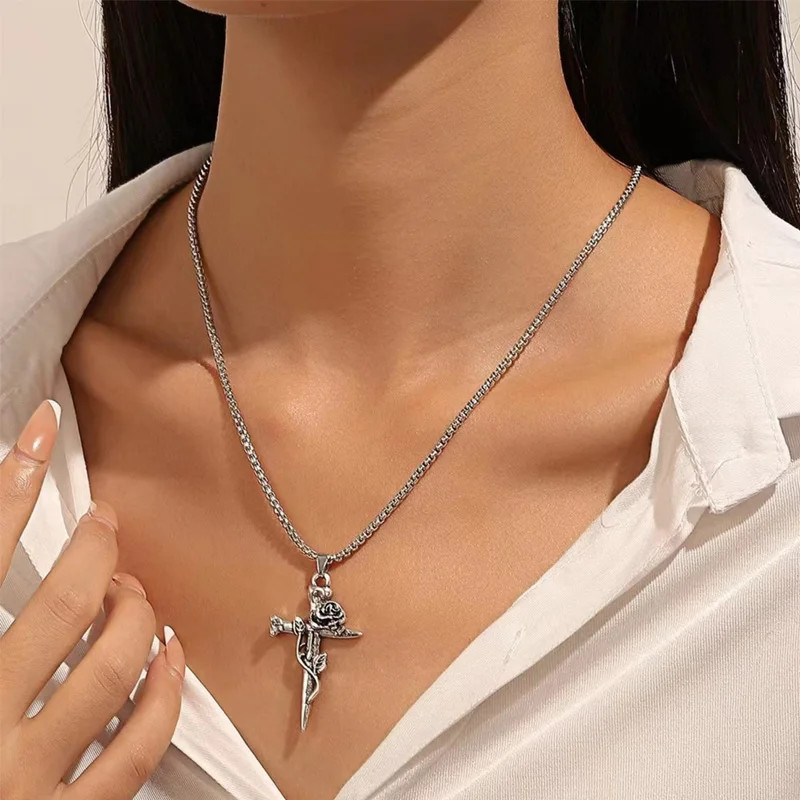 Vintage Rose Cross Pendant Necklace For Women Men Stainless Steel Chain Gothic