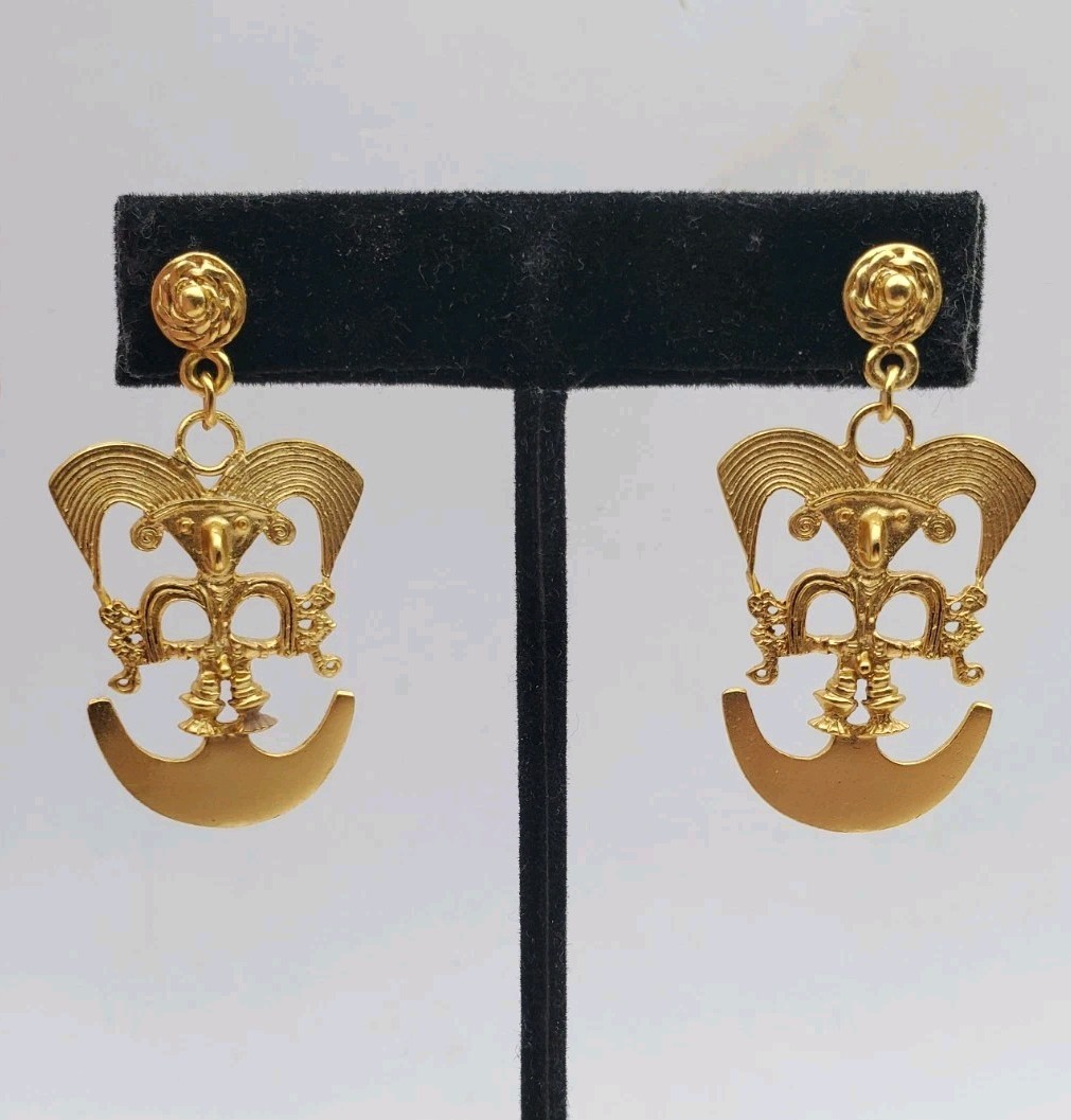 Vintsge Gold Plated Pre-Columbian Bird Shaman Dangle Pierced Earrings 1.75″