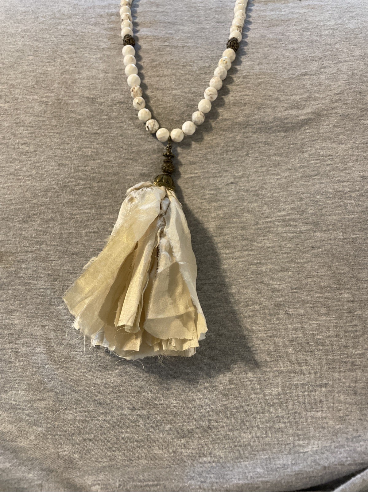 Ivory Fabric Tassel Necklace With Natural Stone Beads