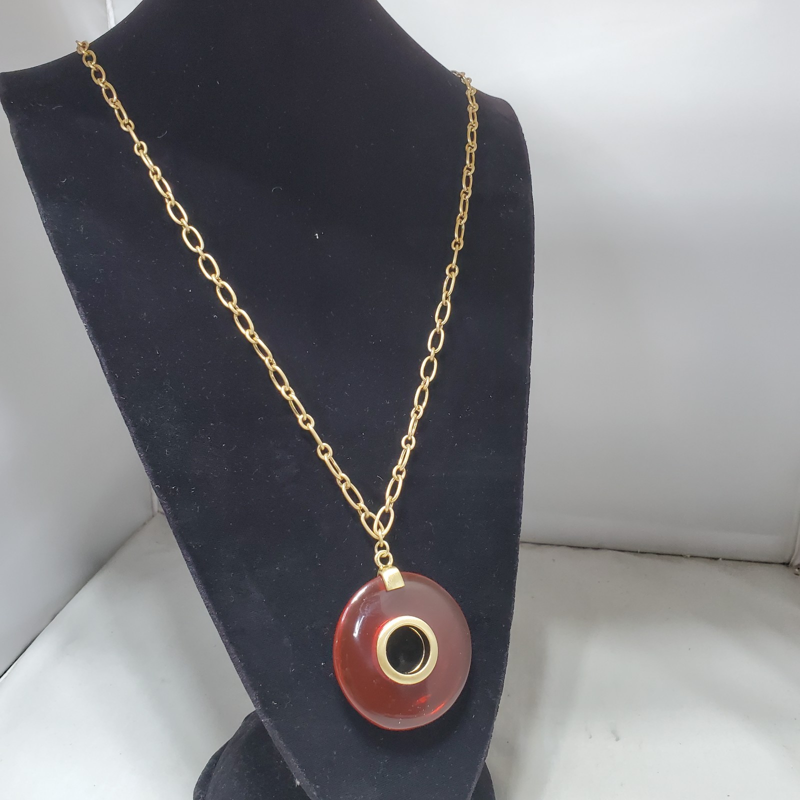 Banana Republic round red resin with gold chain pendant necklace NWT