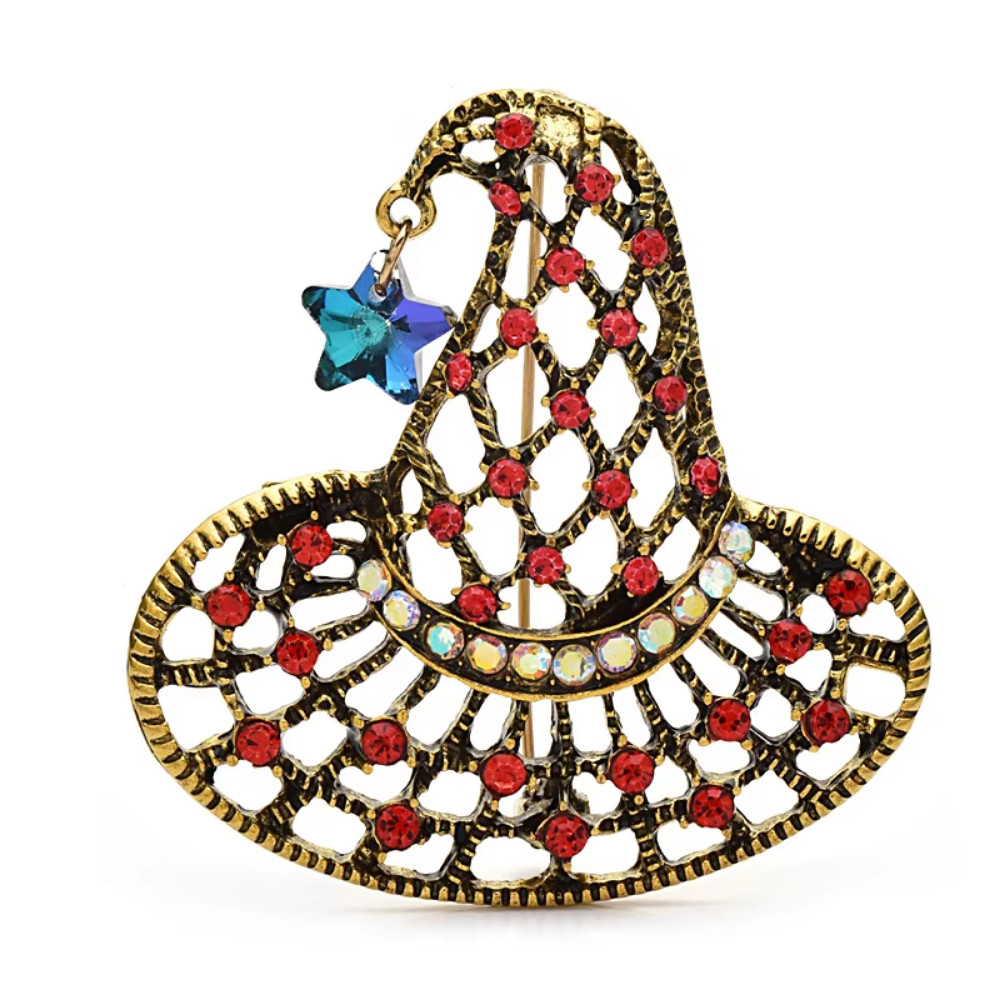 Halloween Witch Hat Brooch Pin Gold Crystal Rhinestone Statement Jewelry Gift