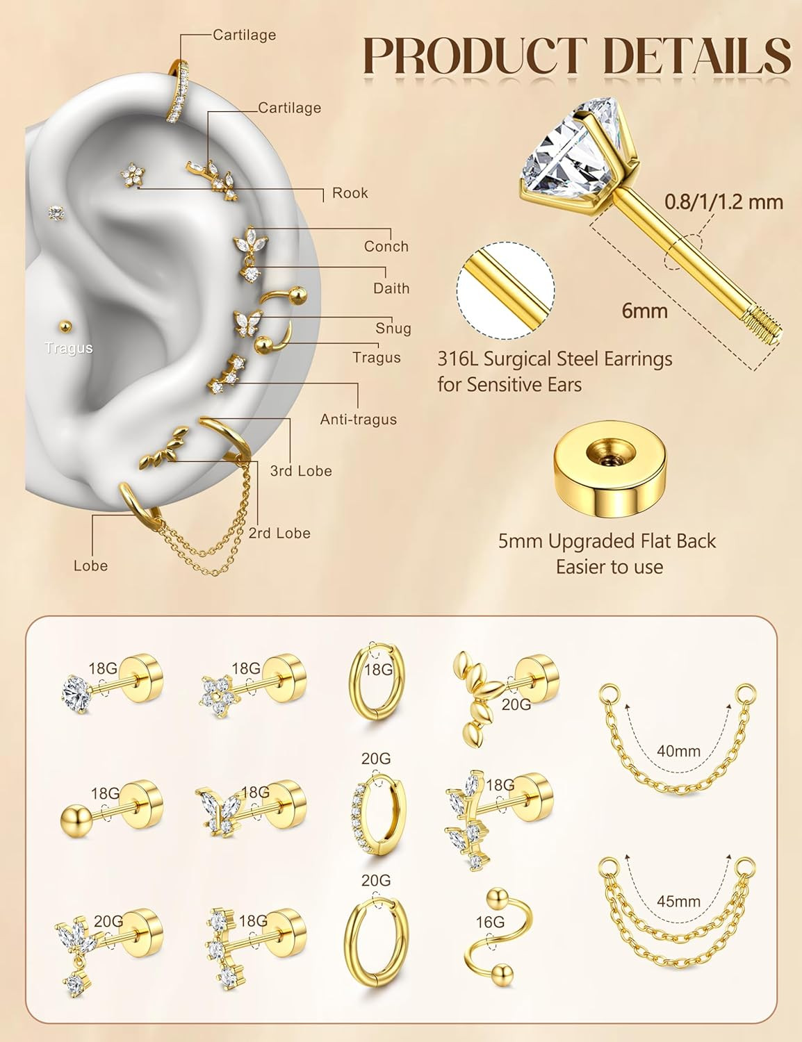 Cartilage Earrings for Women – 14K Gold Plated Flat Back Helix Conch Tragus Pier