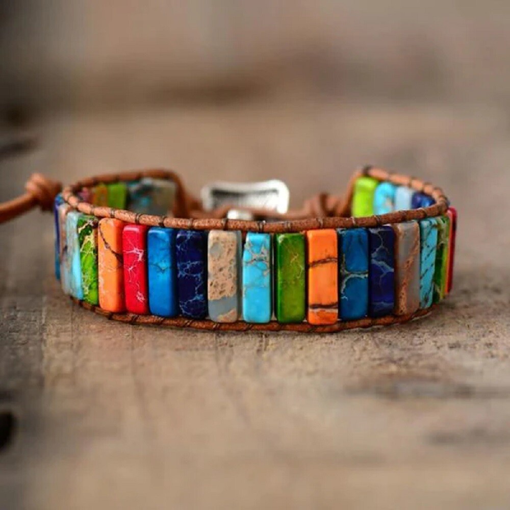 Natural Stone Cube Tube Gemstone Braided Bracelet for 7 Chakra Spiritual Healing