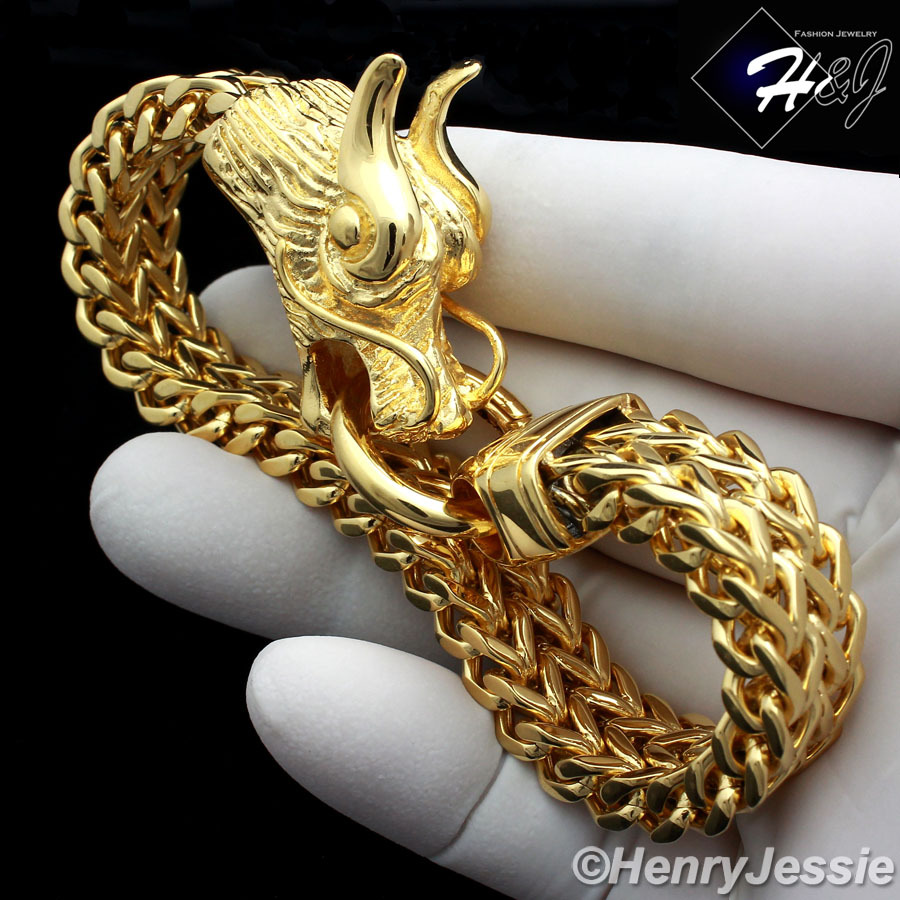 8.5″Stainless Steel Silver/Gold Plated Dragon Head Franco Box Cuban Bracelet