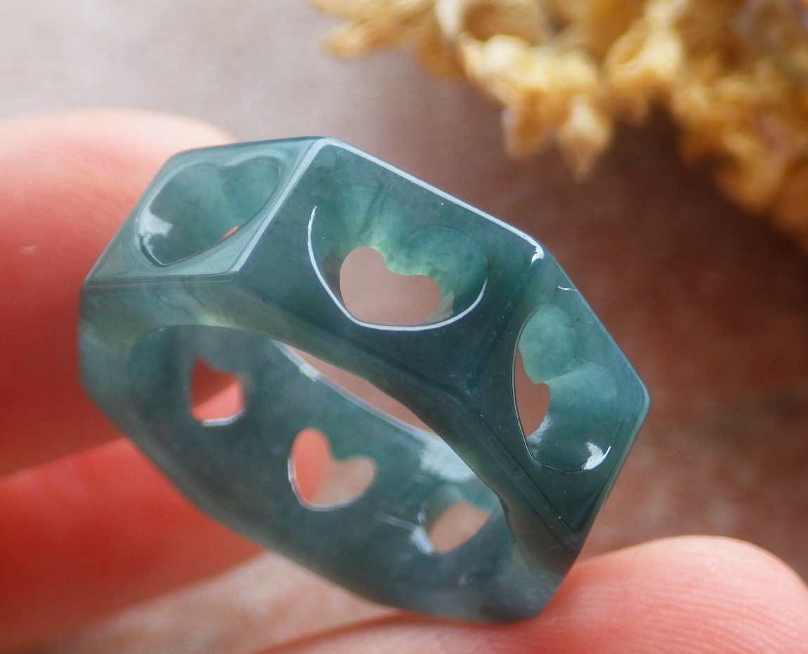 Video Certified Green A Jadeite Jade Heart Round Circle Ring NO. 5.5 # 420083 TS