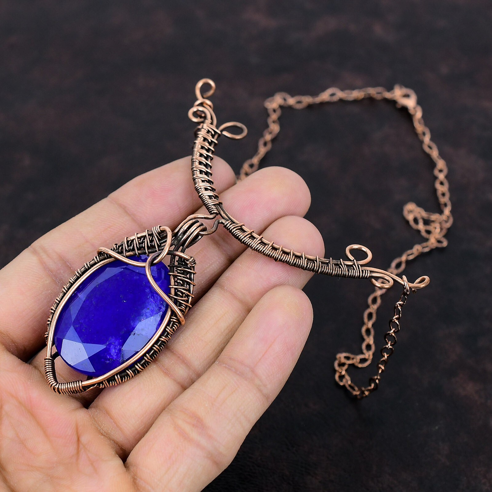 Blue Saphire Wire Wrapped Necklace Adjustable Handcrafted Copper Holiday 18.0″